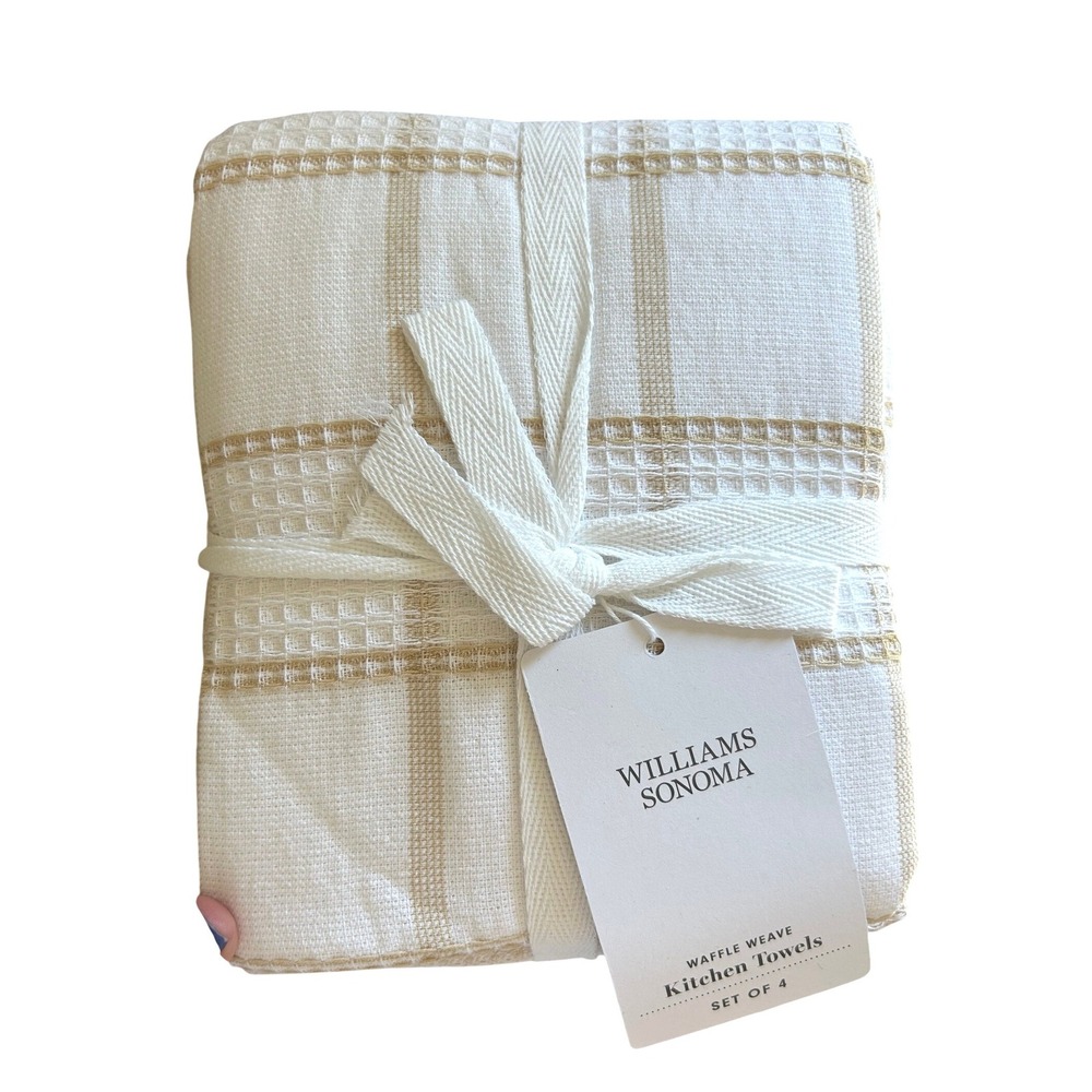 Williams Sonoma Kitchen Towels Khaki Waffle Weave Set of 4 Striped New